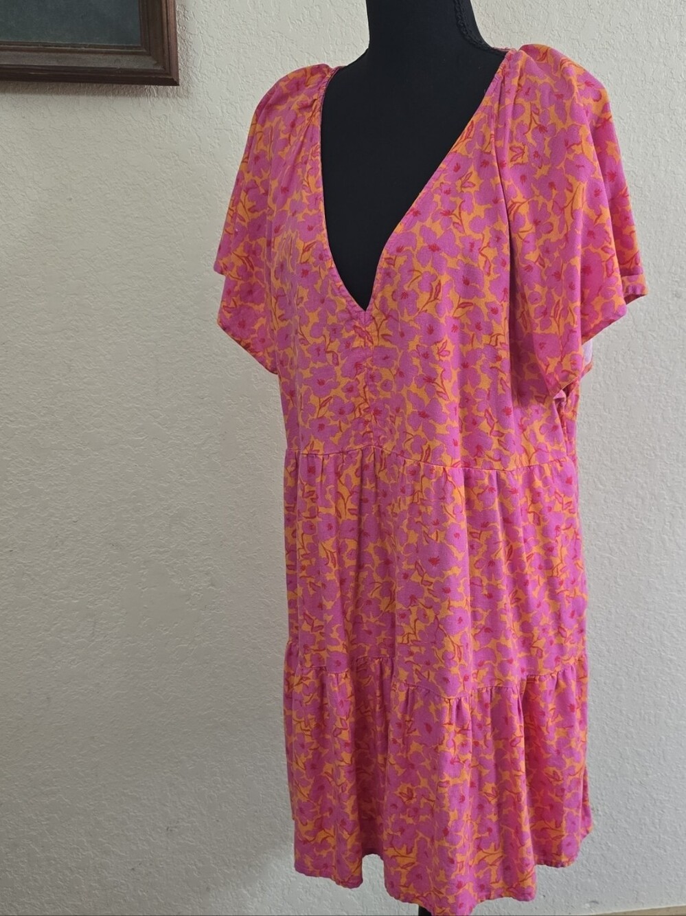 Pink & Orange Floral V-Neck Women's Dress